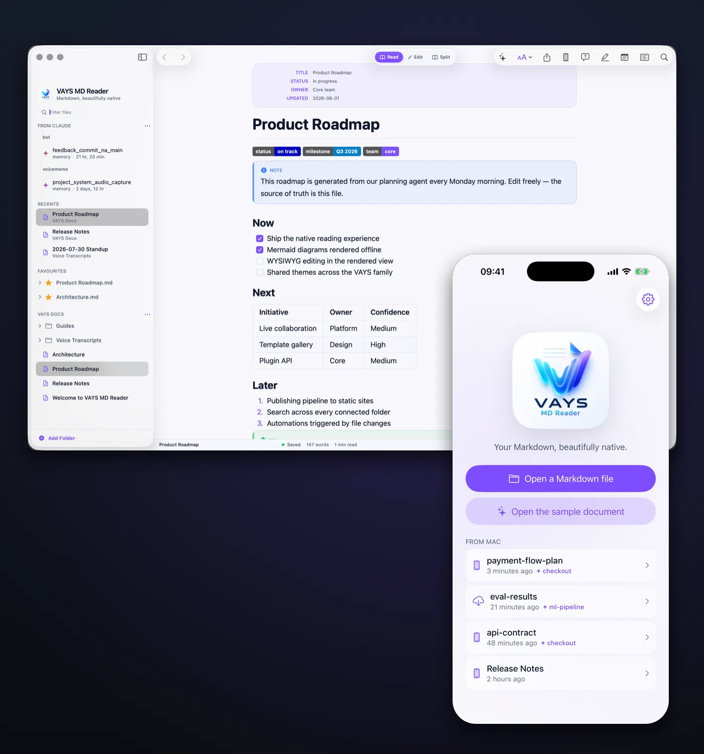 Continue reading on iPhone: a document sent from VAYS MD Reader on the Mac appears in the From Mac list on the free iPhone companion app